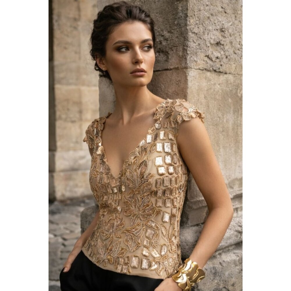 Ema Savahl Top Gold Glitter Hand Painted Nude Floral Sobek Collection NWT Size S